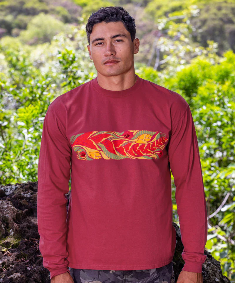 Tropical Florals Band - Paradise Red Dyed Long Sleeve Crewneck T-Shirt - Image 2