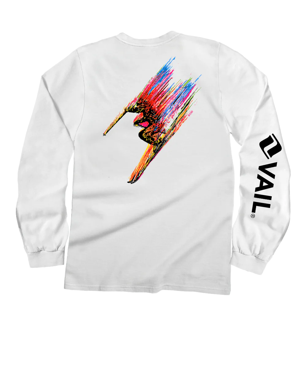 Vail Resort Technicolor Skier - White Long Sleeve Crewneck T-Shirt