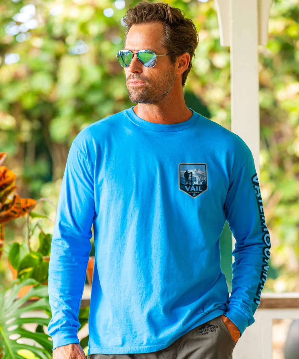 Vail Resort Vail Mountain Badge - Blue Hawaii Dyed Long Sleeve Crewneck T-Shirt - Image 3