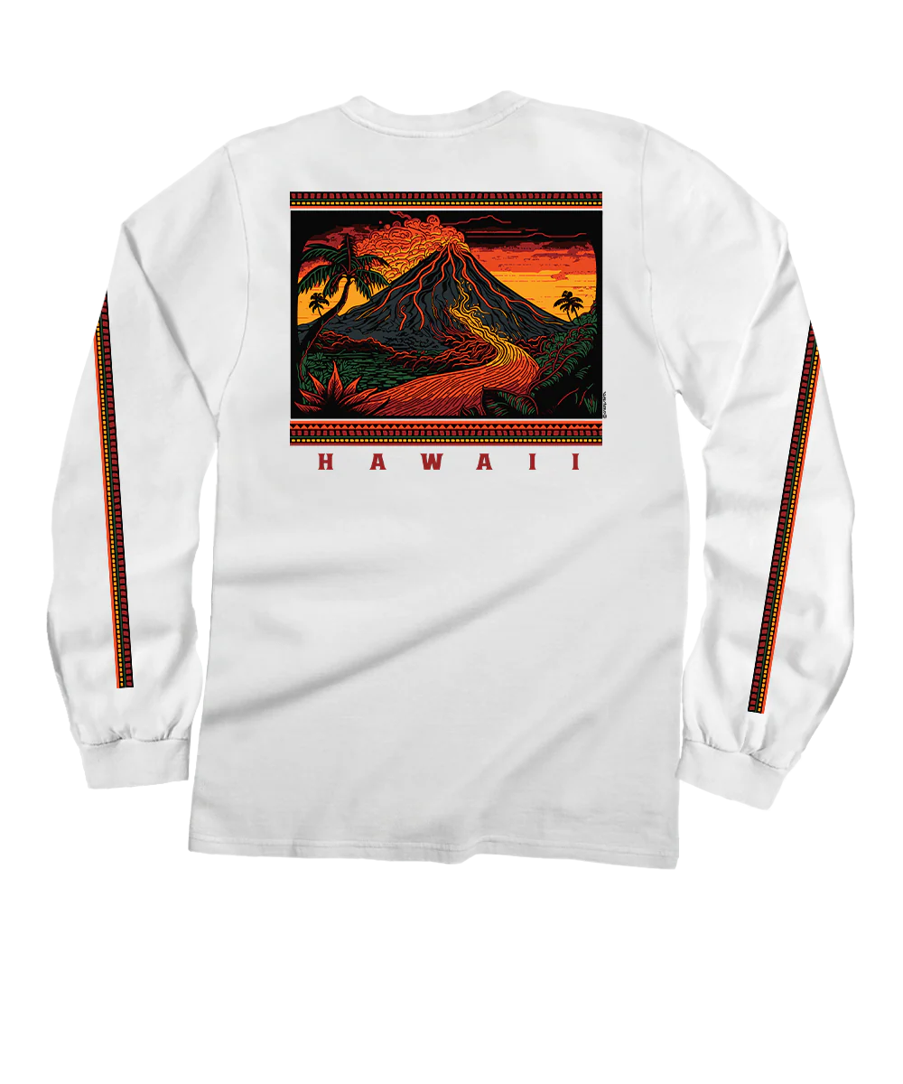 Volcano Scenic - White Long Sleeve Crewneck T-Shirt