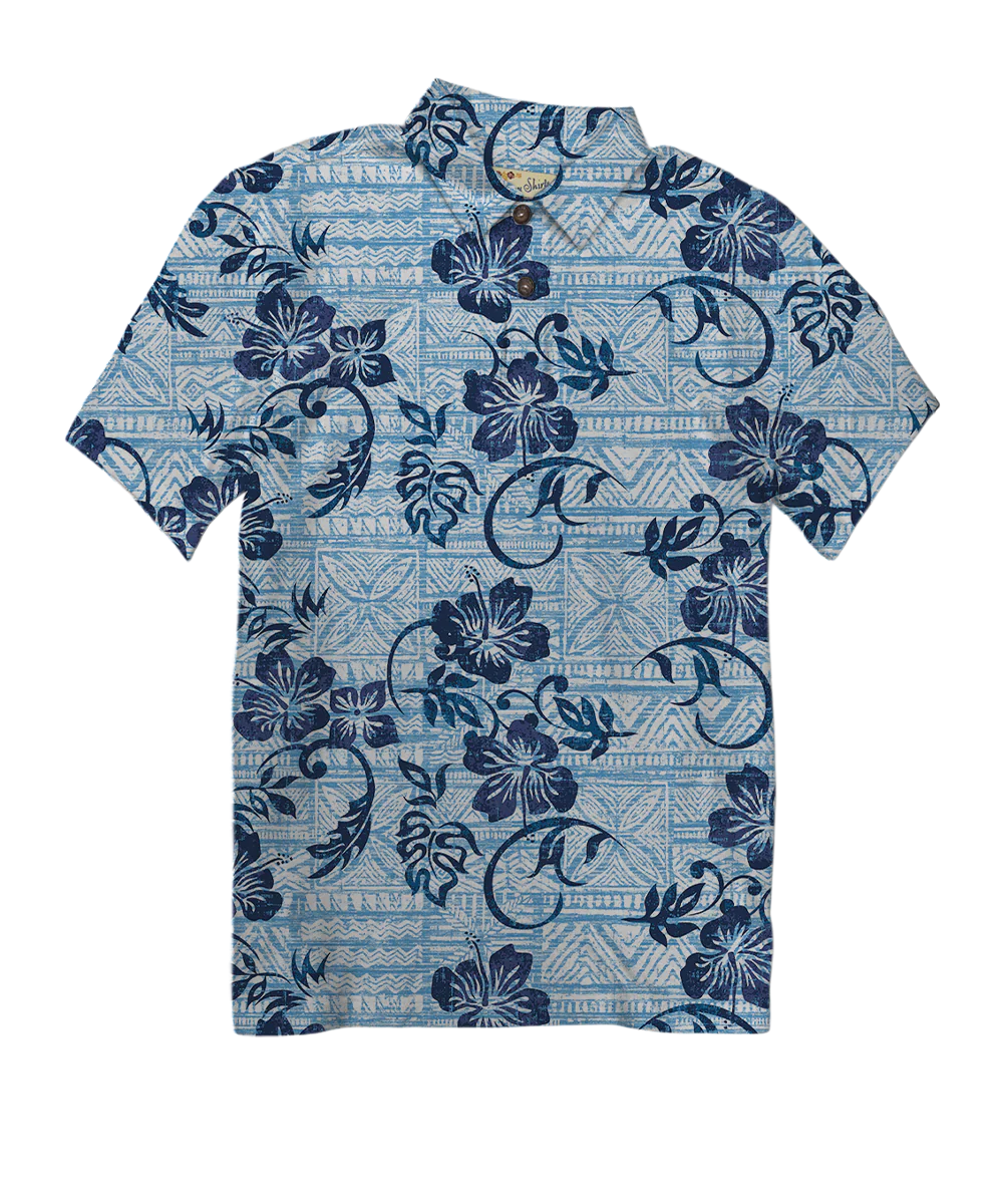 Waikoloa - Blue/Navy Short Sleeve Hawaiian Polo Shirt