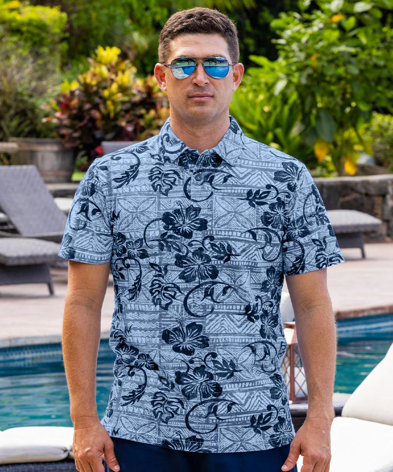 Waikoloa - Blue/Navy Short Sleeve Hawaiian Polo Shirt - Image 2