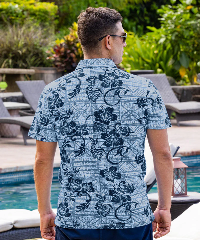 Waikoloa - Blue/Navy Short Sleeve Hawaiian Polo Shirt - Image 3