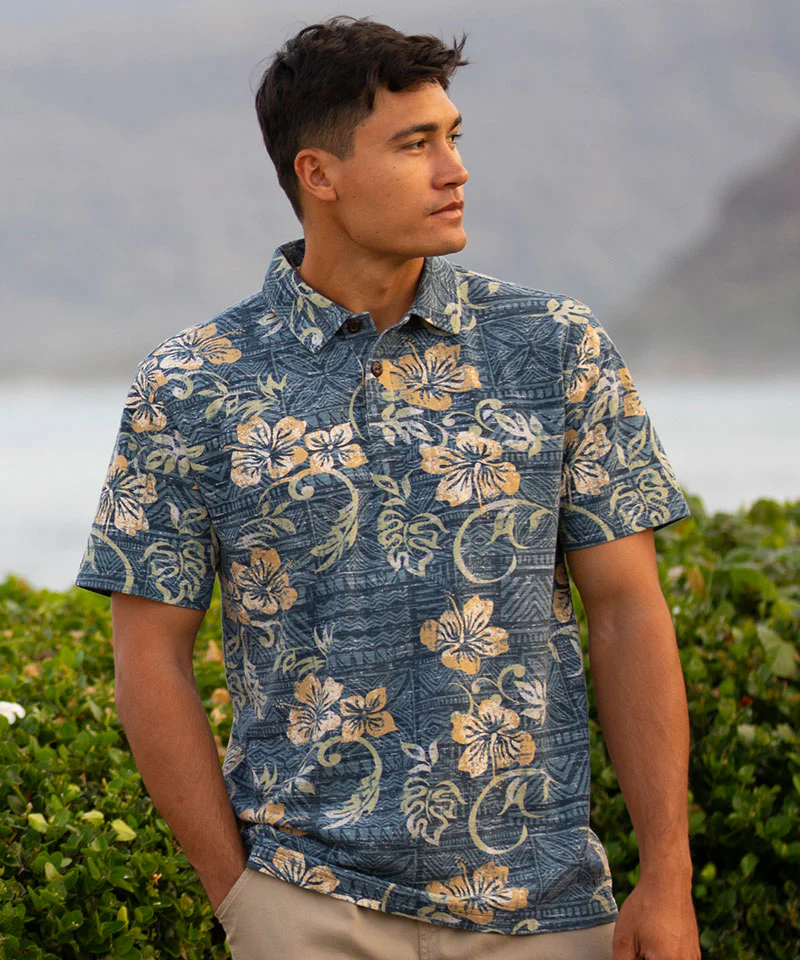 Waikoloa - Blue Nights/Dijon Short Sleeve Hawaiian Polo Shirt - Image 2