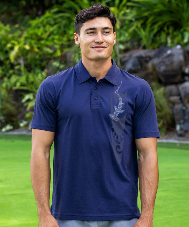 Wood Cut Shark - Indigo Short Sleeve Pima Polo - Image 2