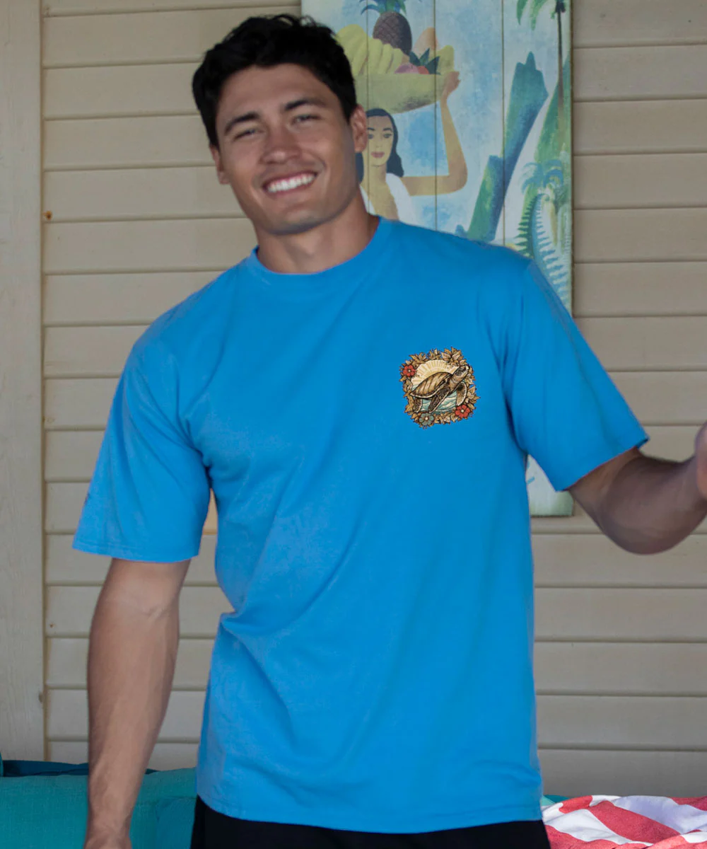 Woodcut Honu - Blue Hawaii Dyed Short Sleeve Crewneck T-Shirt - Image 3
