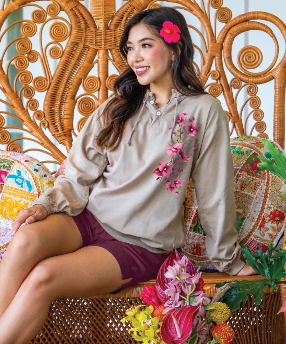 Bougainvillea Vines - Kona Coffee Dyed Long Sleeve Lightweight Pullover - Image 2