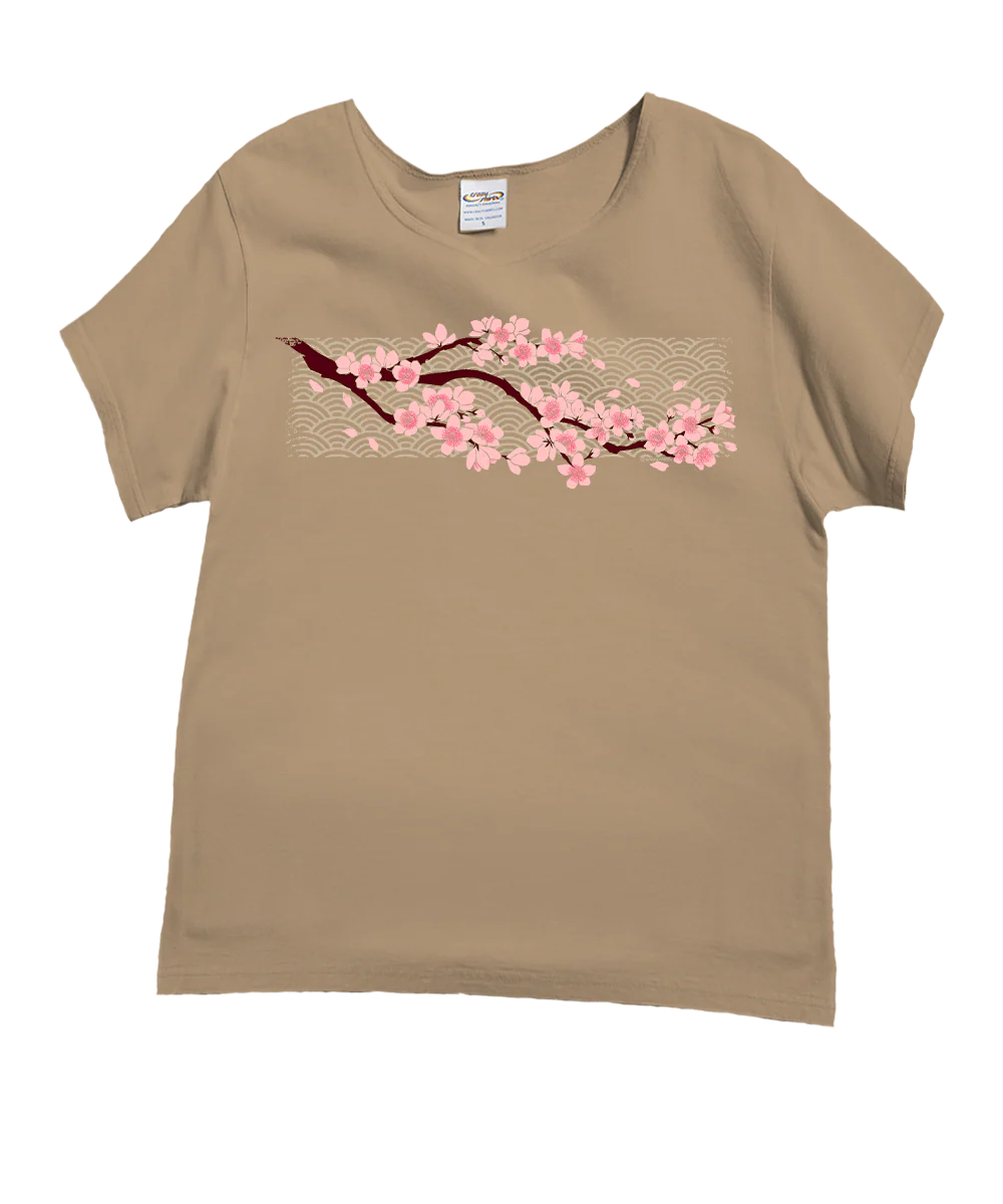 Cherry Blossom Branch - Kona Coffee Dyed Short Sleeve Scoop Neck T-Shirt