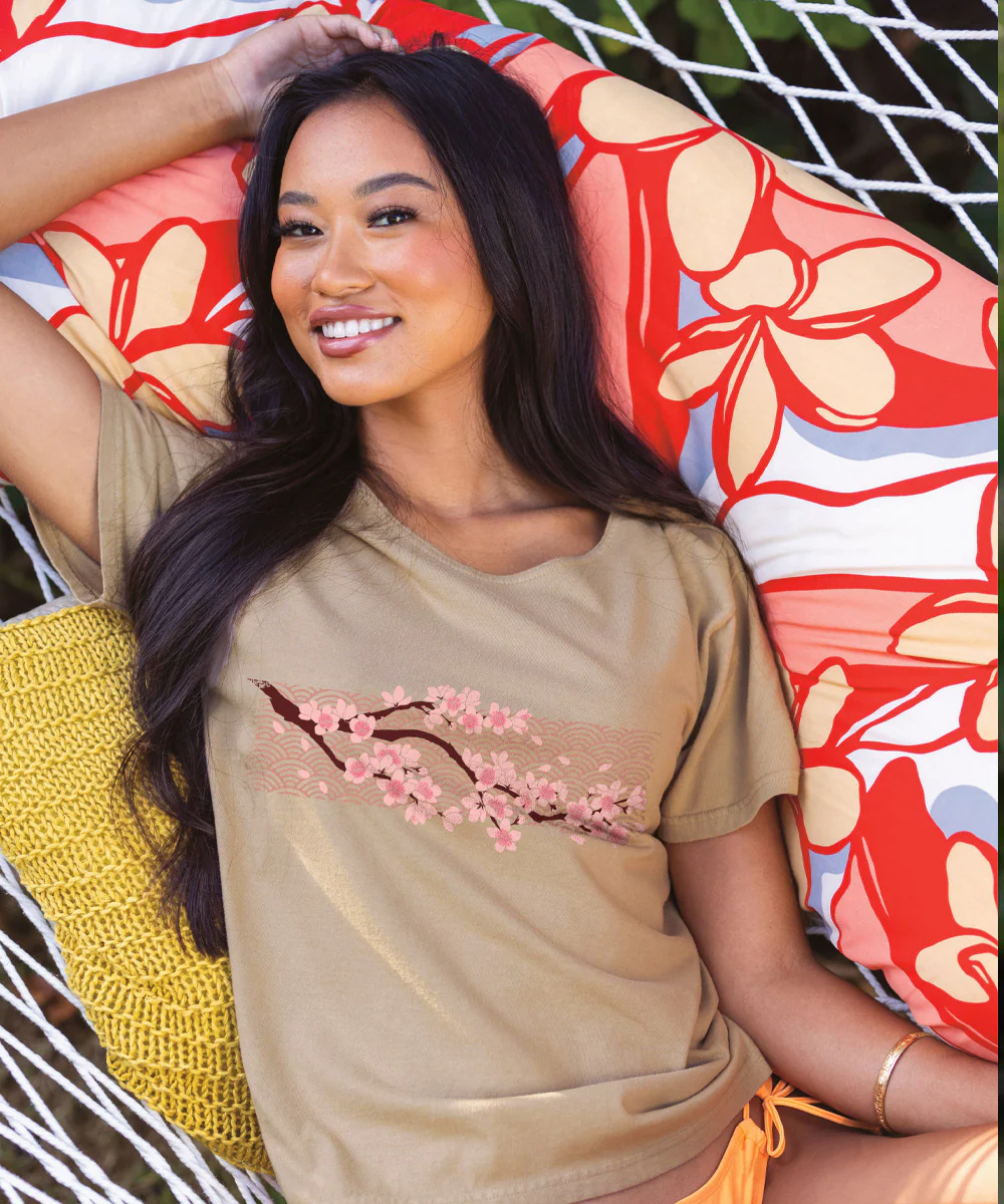 Cherry Blossom Branch - Kona Coffee Dyed Short Sleeve Scoop Neck T-Shirt - Image 2