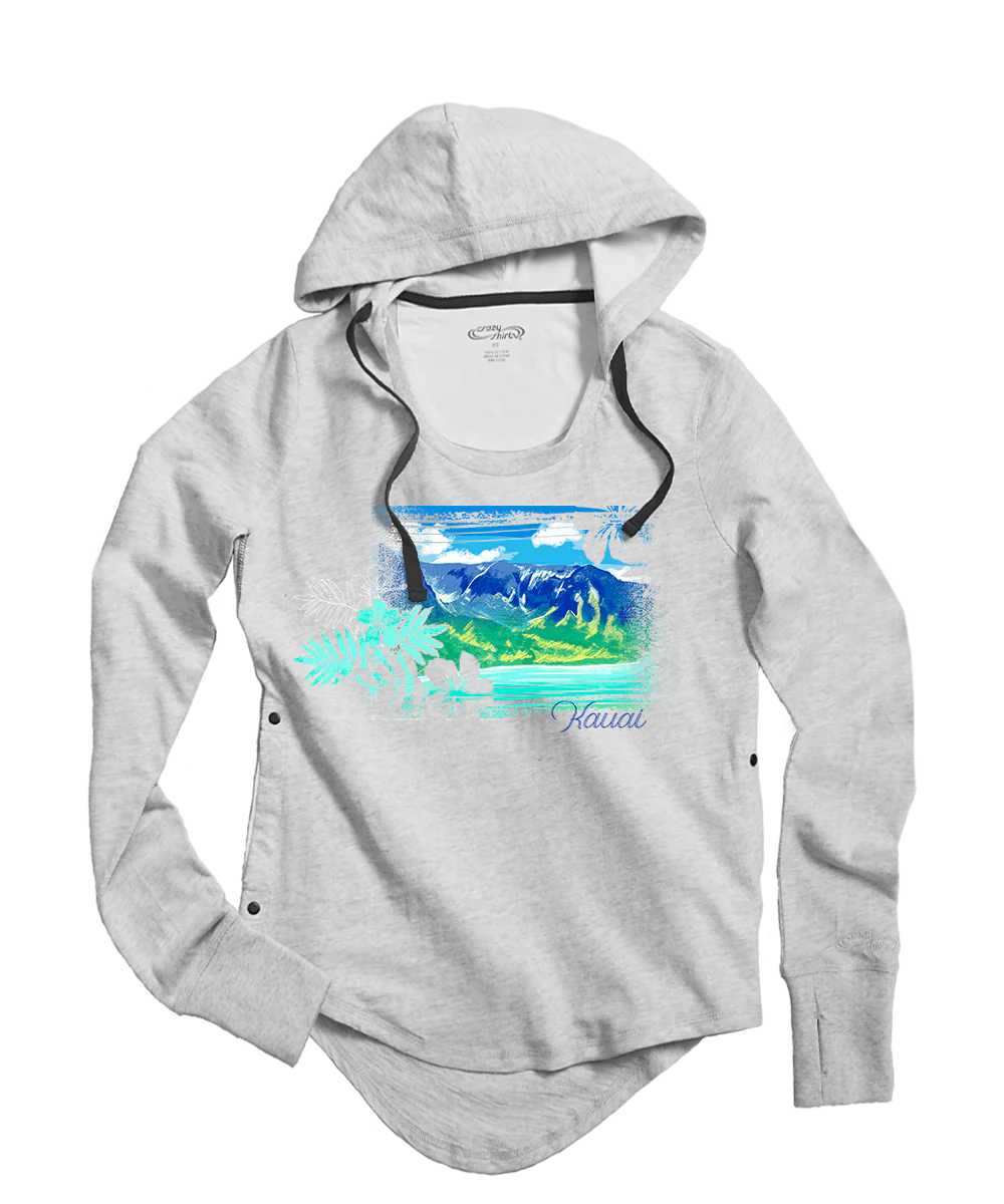 Coastal Beauty - White Gray Heather Long Sleeve Harmony Hooded T