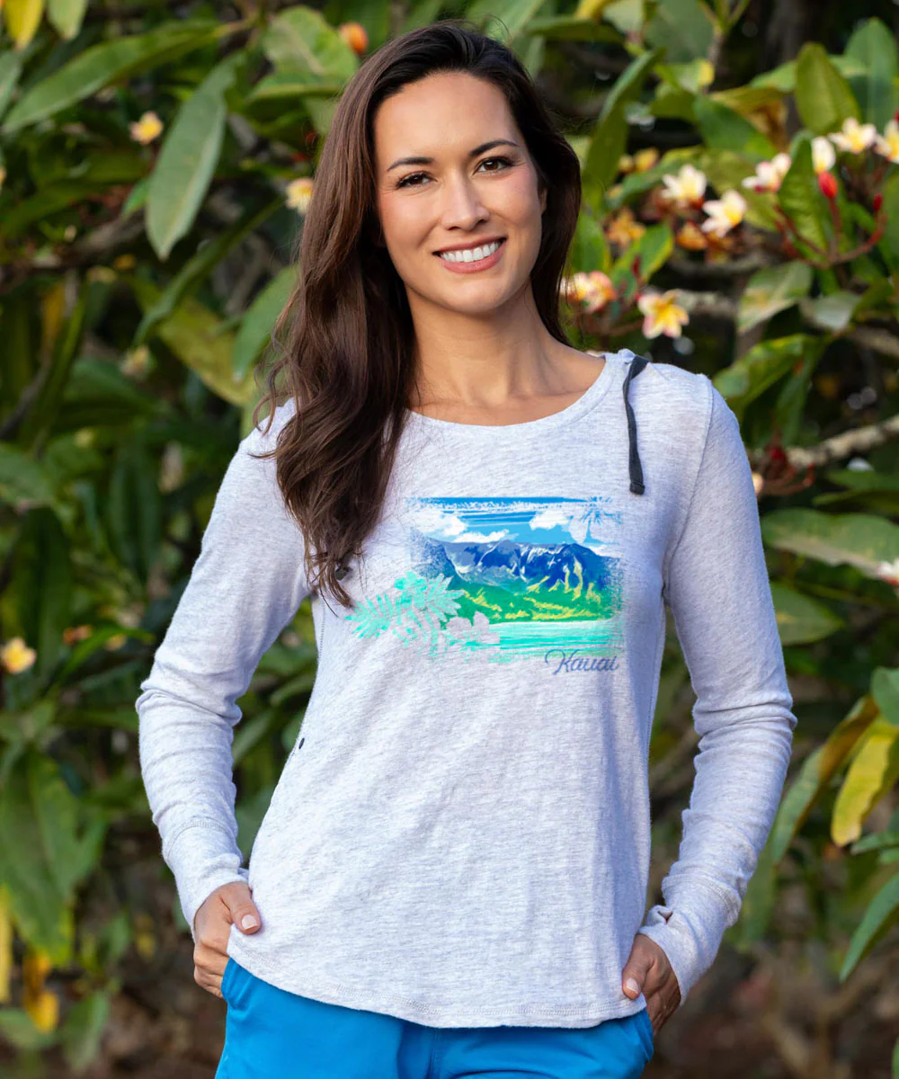 Coastal Beauty - White Gray Heather Long Sleeve Harmony Hooded T - Image 2