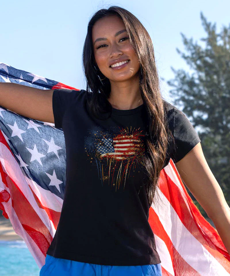 Fireworks Flag - Jet Black Short Sleeve Pima T-Shirt - Image 2