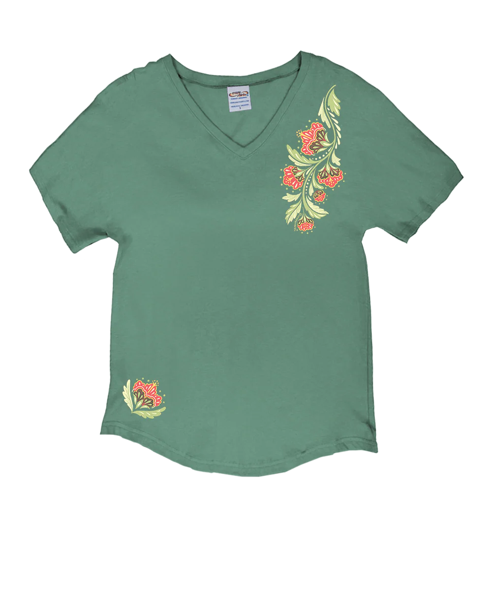 Floral Brocade Cascade - Sage Green Short Sleeve Dolman V-Neck Tee