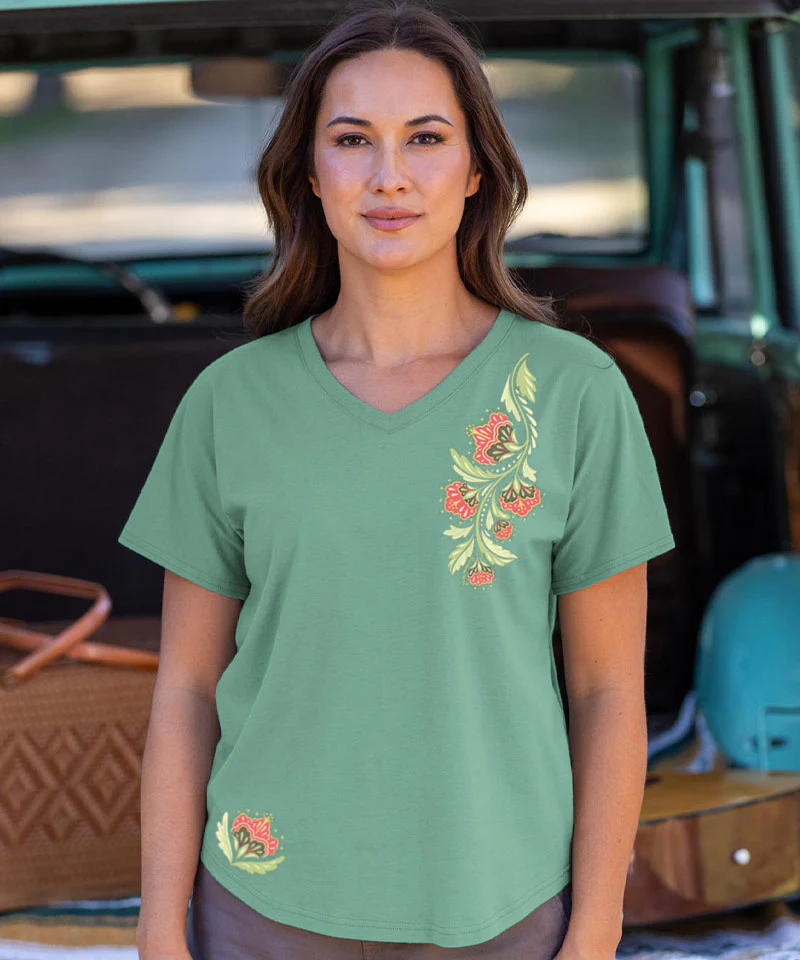Floral Brocade Cascade - Sage Green Short Sleeve Dolman V-Neck Tee - Image 2
