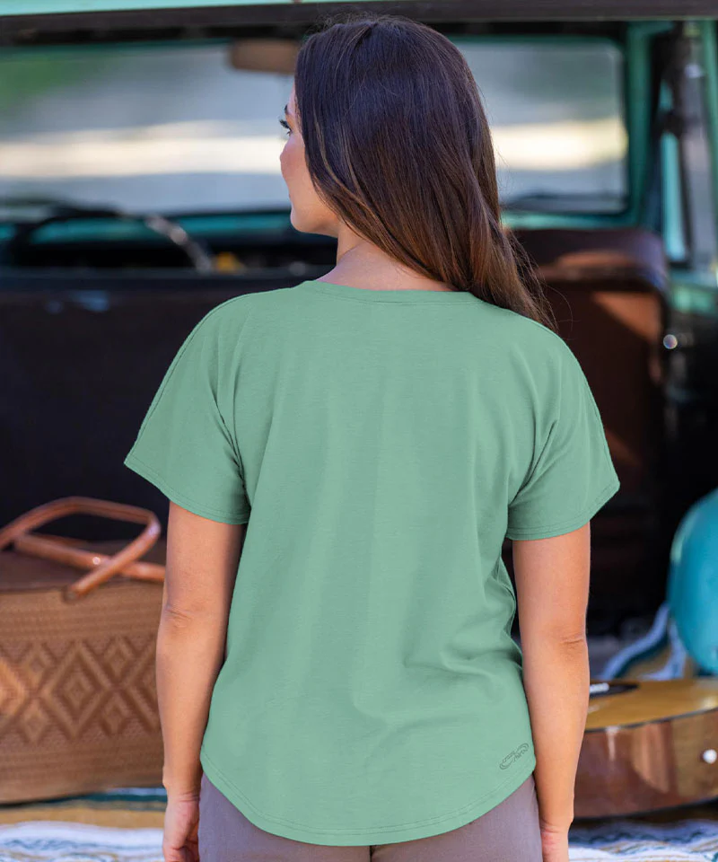 Floral Brocade Cascade - Sage Green Short Sleeve Dolman V-Neck Tee - Image 3