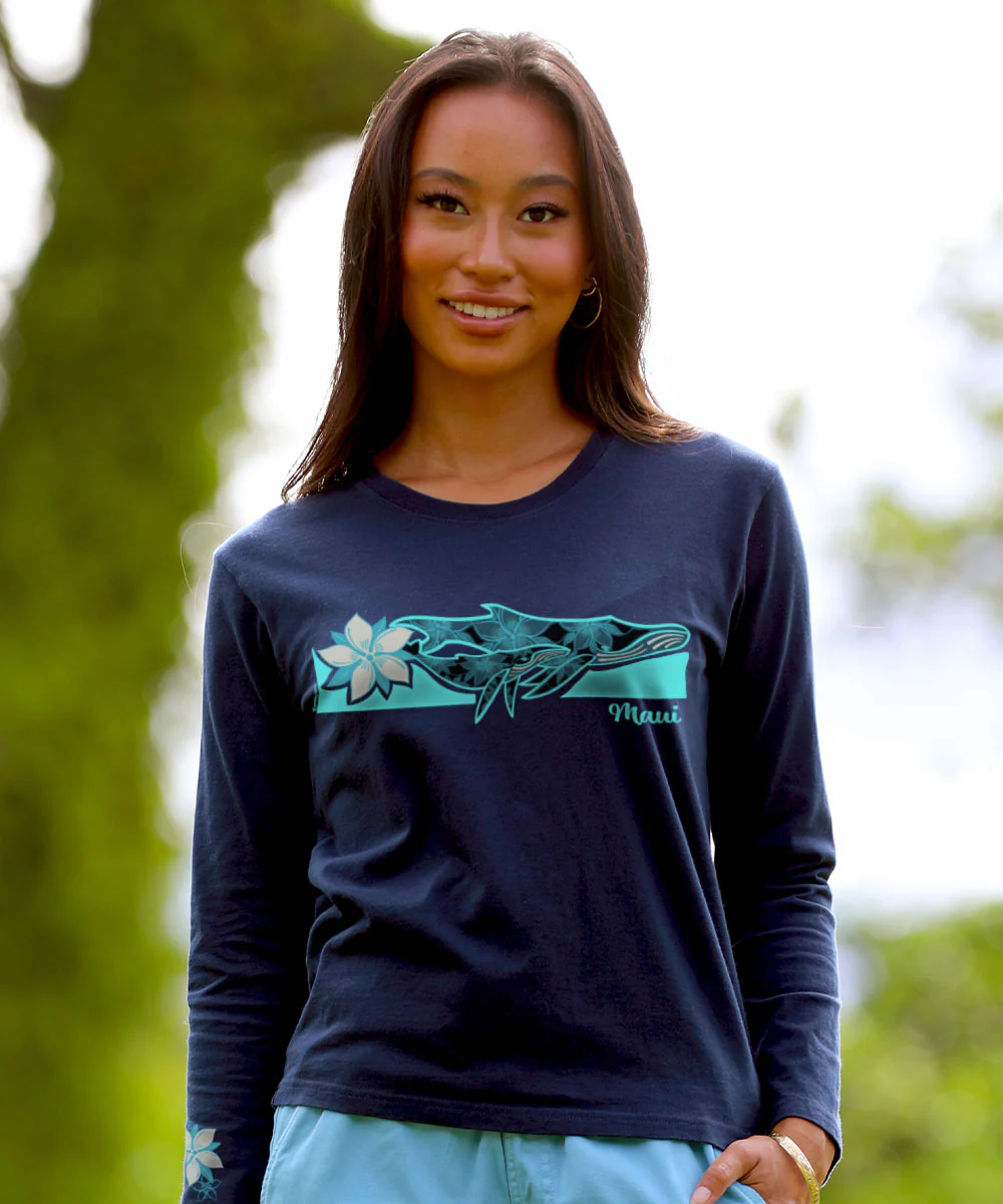 Floral Humpback Stripe - Navy Long Sleeve Crewneck T-Shirt - Image 2
