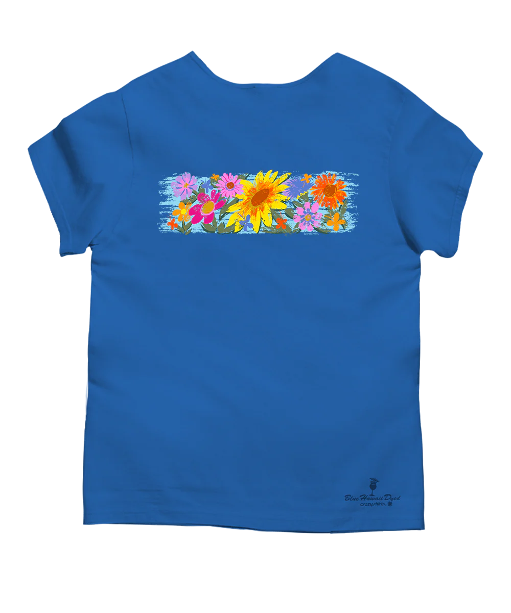 Floral Sunflower Band - Blue Hawaii Dyed Short Sleeve Scoop Neck T-Shirt - Image 4