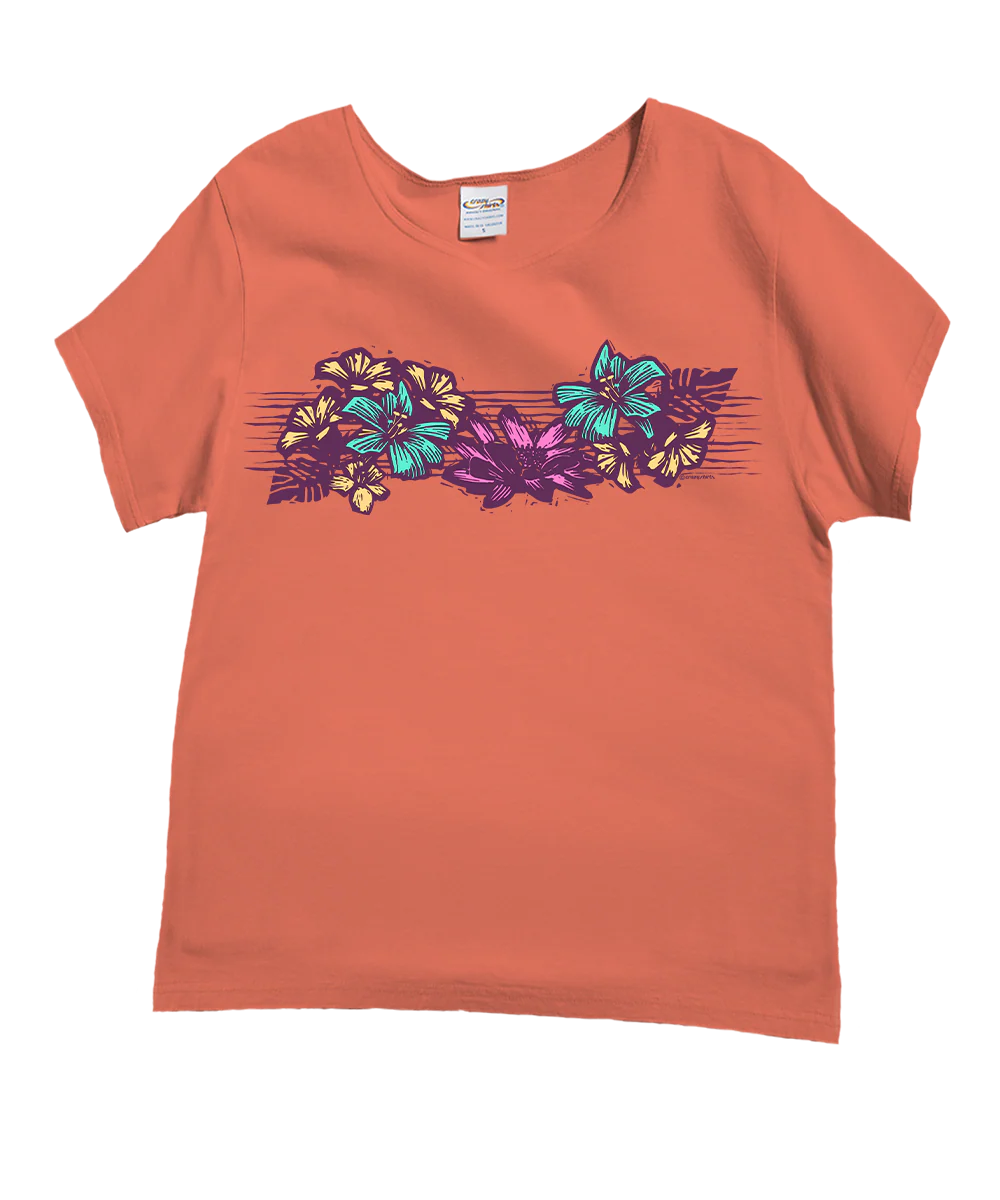Floral Woodcut - Coral Short Sleeve Scoop Neck T-Shirt
