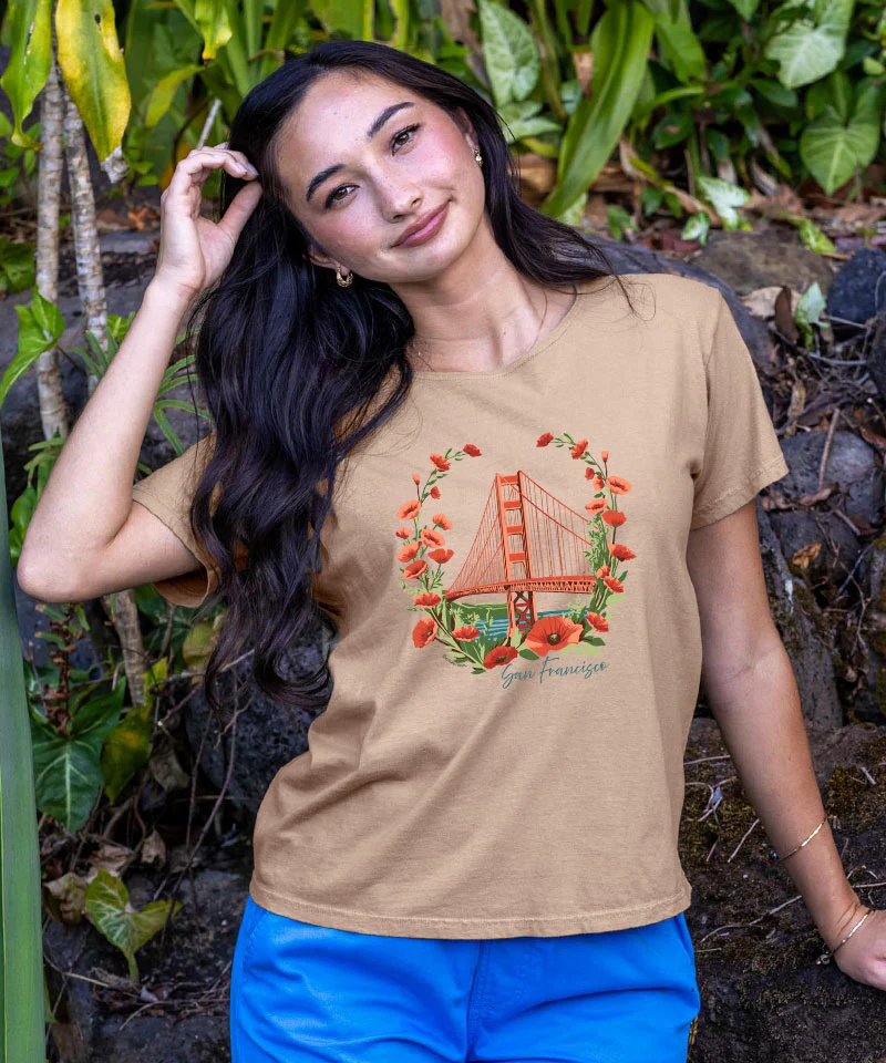 Golden Gate Poppies - Kona Coffee Dyed Short Sleeve Scoop Neck T-Shirt - Image 2
