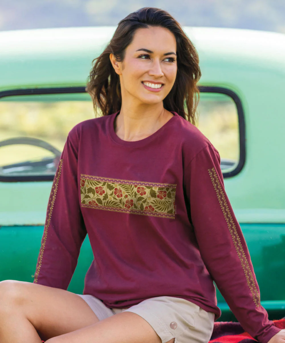 Hibiscus Brocade Band - Wine Dyed Long Sleeve Crewneck T-Shirt - Image 2