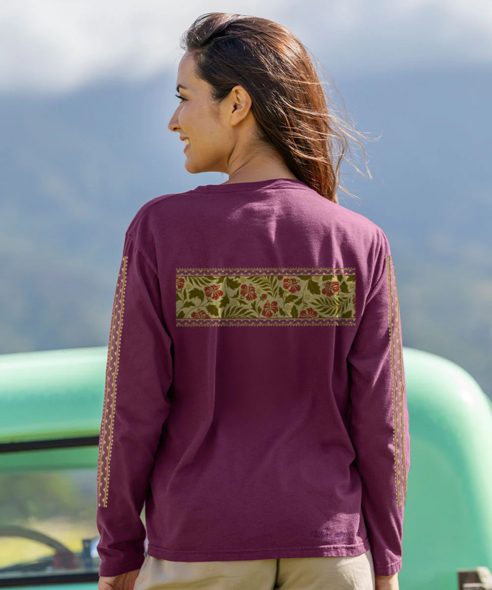 Hibiscus Brocade Band - Wine Dyed Long Sleeve Crewneck T-Shirt - Image 3