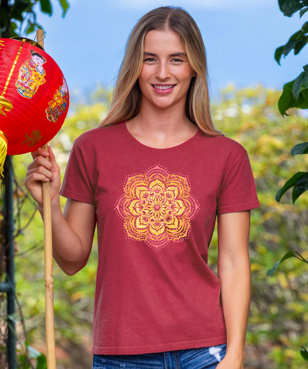 Mandala Bloom - Paradise Red Dyed Short Sleeve Crewneck T-Shirt - Image 2
