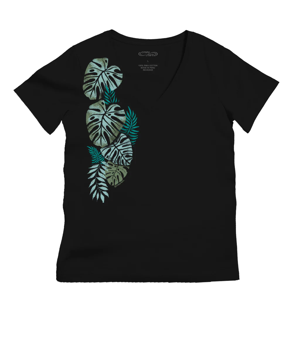 Misty Monstera - Jet Black Short Sleeve Pima V-Neck T-Shirt