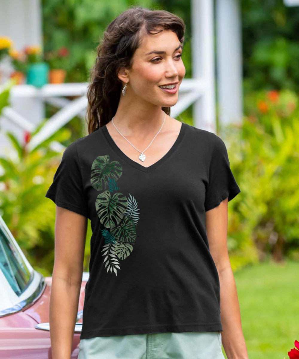 Misty Monstera - Jet Black Short Sleeve Pima V-Neck T-Shirt - Image 2