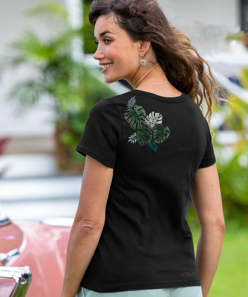 Misty Monstera - Jet Black Short Sleeve Pima V-Neck T-Shirt - Image 3