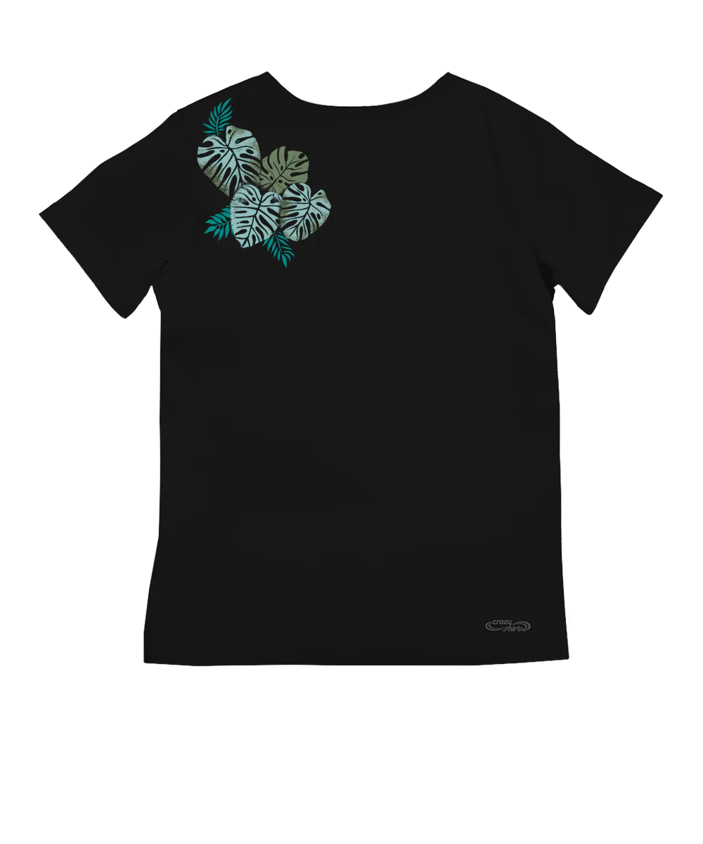 Misty Monstera - Jet Black Short Sleeve Pima V-Neck T-Shirt - Image 4