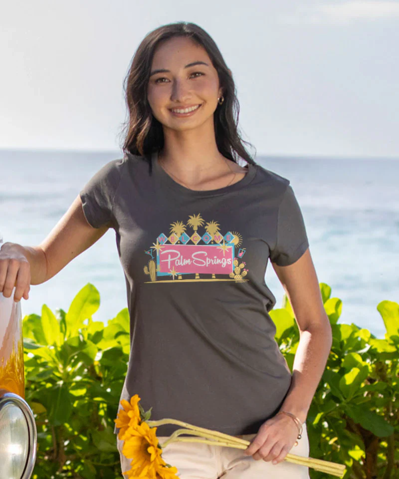 Mod Palm Springs Sign - Graphite Short Sleeve Pima T-Shirt - Image 2