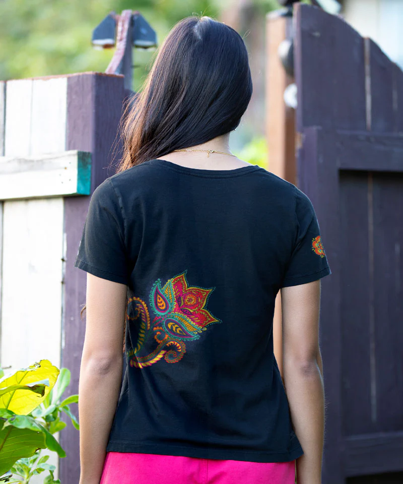 Paisley Floral - Jet Black Short Sleeve Pima V-Neck T-Shirt - Image 3