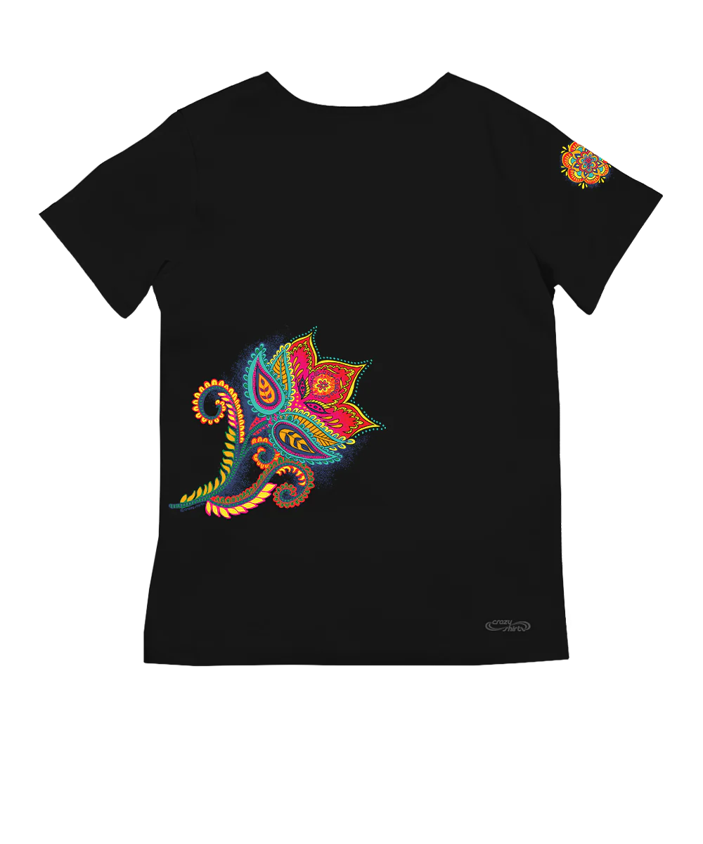 Paisley Floral - Jet Black Short Sleeve Pima V-Neck T-Shirt - Image 4