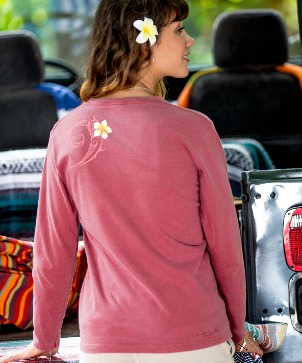 Plumeria Tatau - Paradise Red Dyed Long Sleeve Crewneck T-Shirt - Image 3