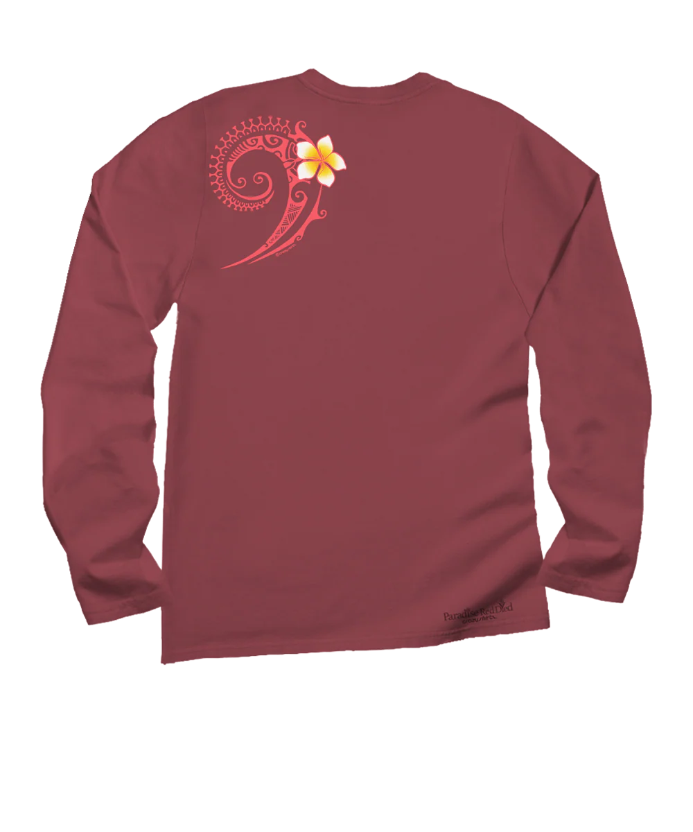 Plumeria Tatau - Paradise Red Dyed Long Sleeve Crewneck T-Shirt - Image 4
