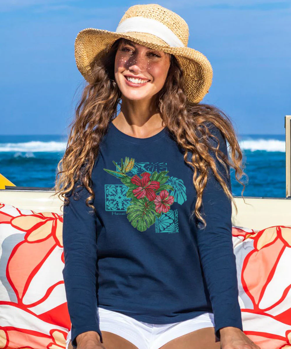 Pua Nani Montage - Navy Long Sleeve Crewneck T-Shirt - Image 2