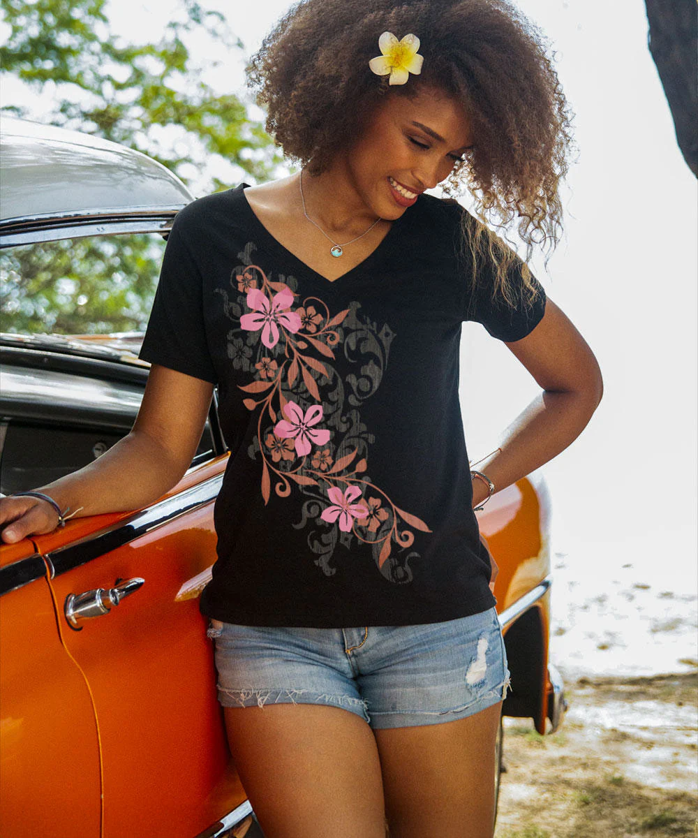 Pupukea Falls - Jet Black Short Sleeve Pima V-Neck T-Shirt - Image 2