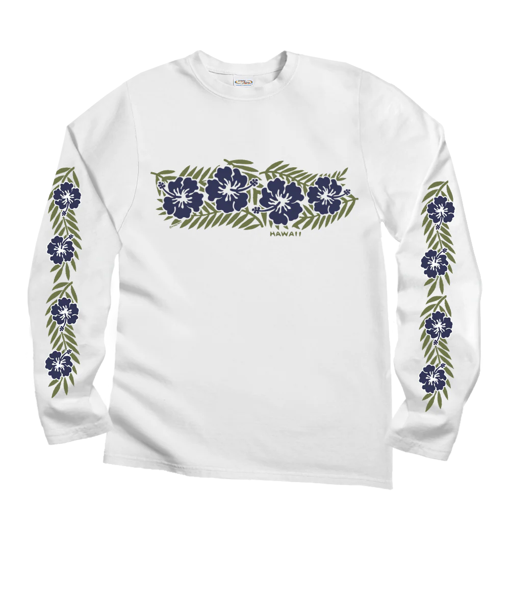 Retro Hibiscus - White Long Sleeve Crewneck T-Shirt