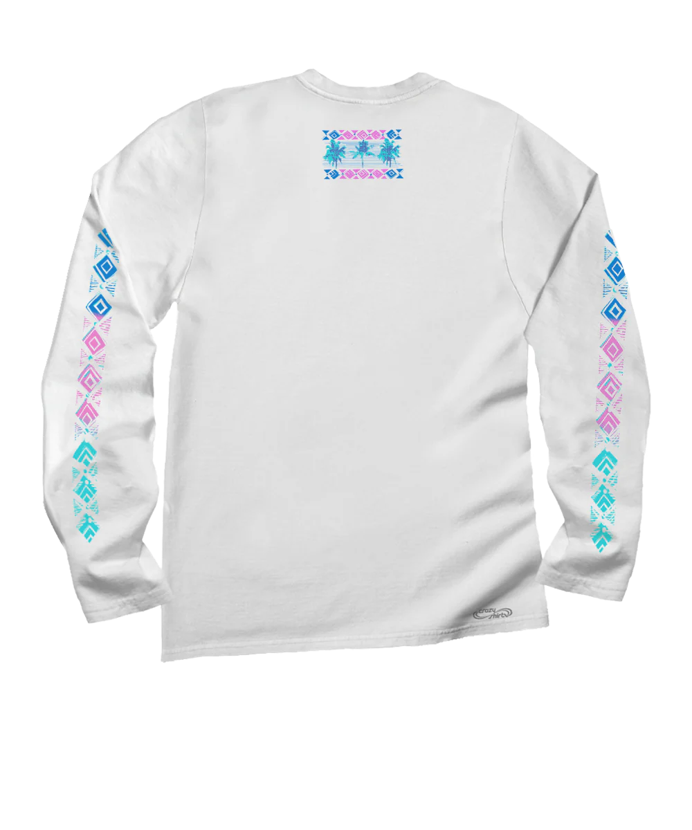 Row Of Palms - White Long Sleeve Crewneck T-Shirt - Image 4