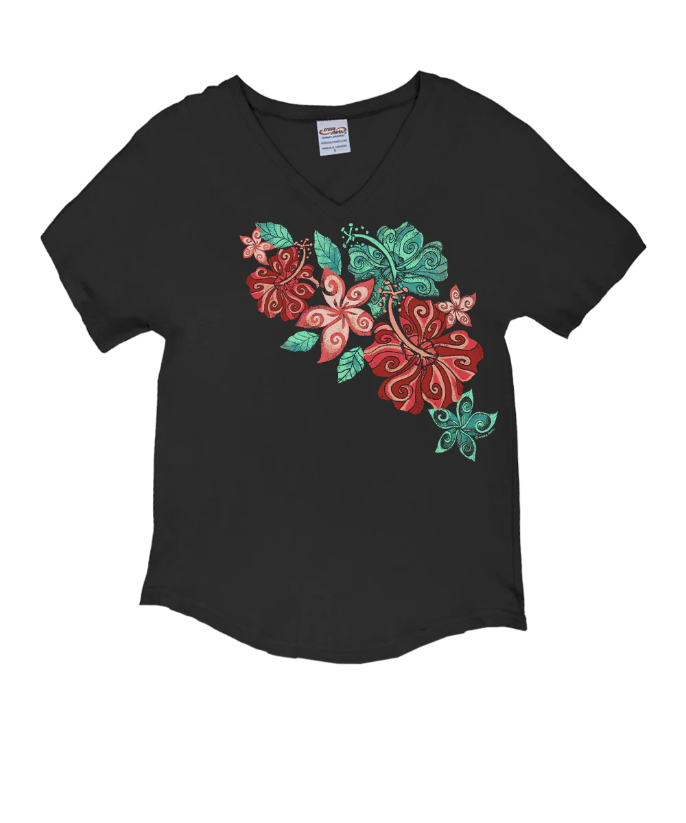 Swirly Hibiscus - Charcoal Short Sleeve Dolman V-Neck Tee