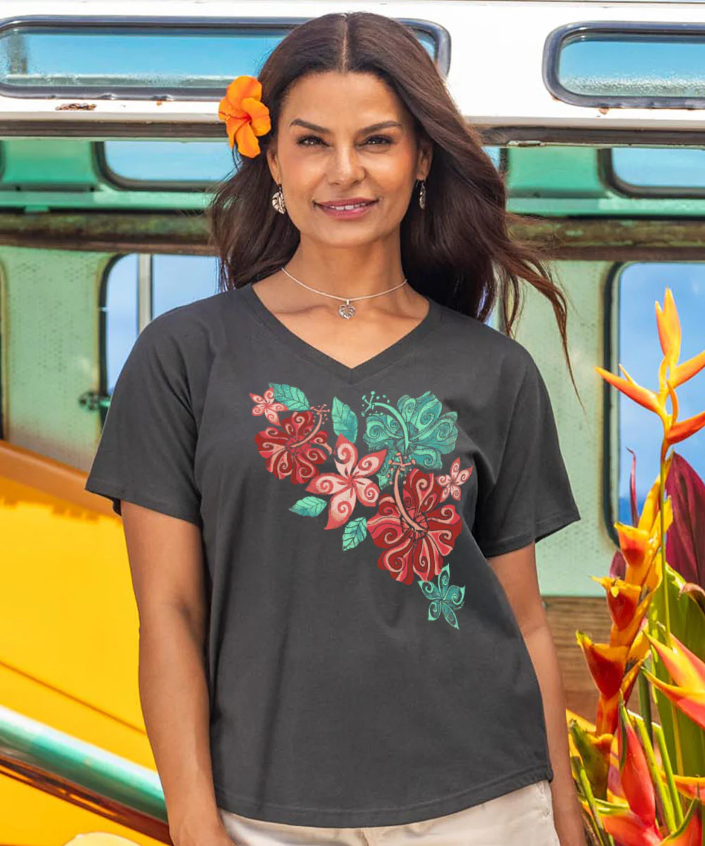 Swirly Hibiscus - Charcoal Short Sleeve Dolman V-Neck Tee - Image 2
