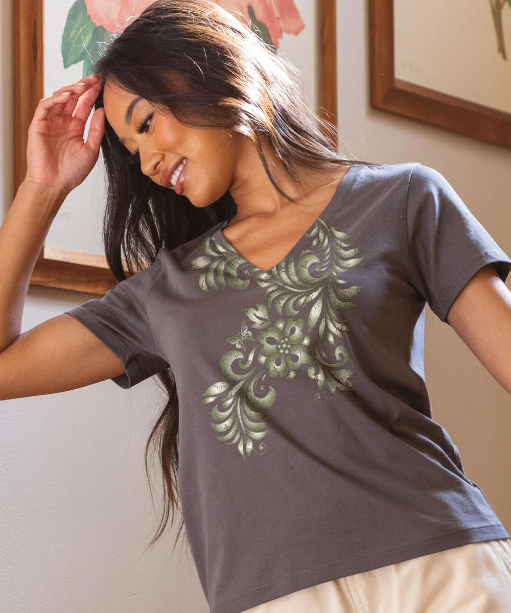 Teihani - Graphite Short Sleeve Pima V-Neck T-Shirt - Image 2