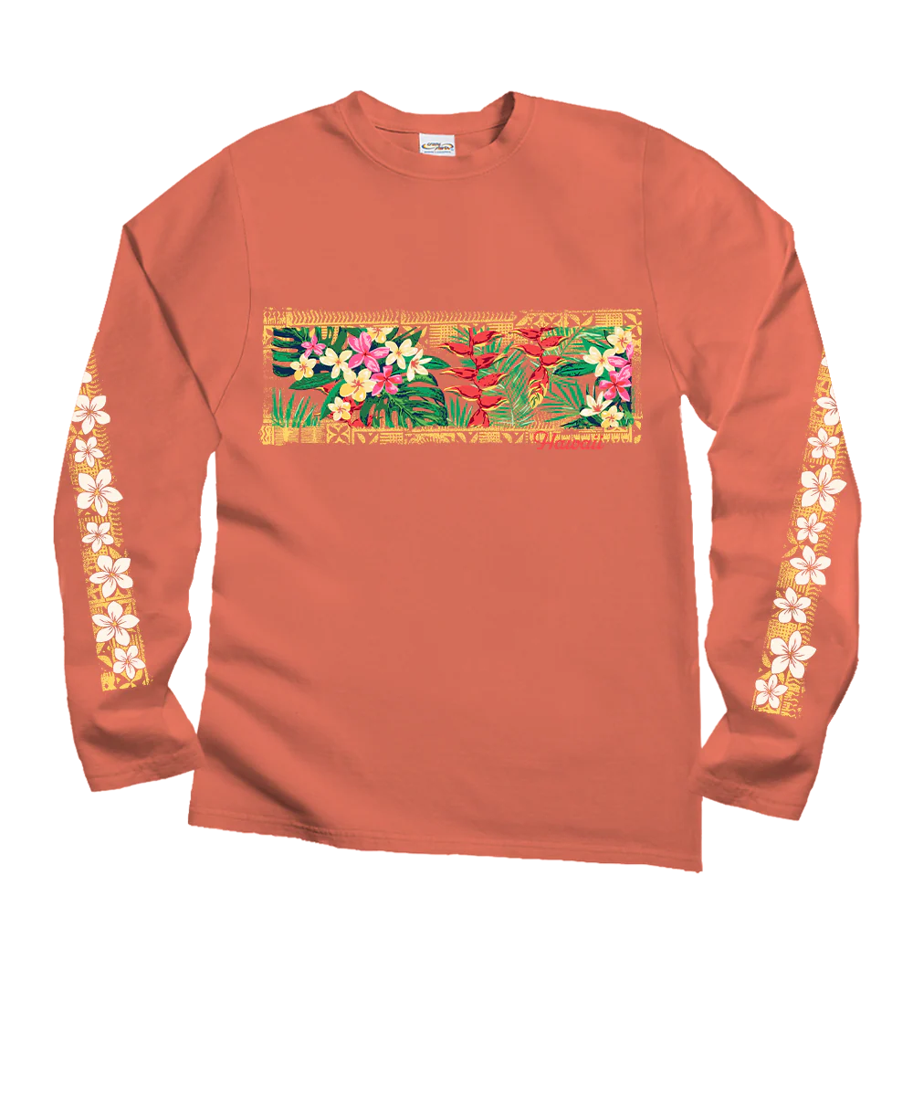 Tranquil Floral - Coral Long Sleeve Crewneck T-Shirt