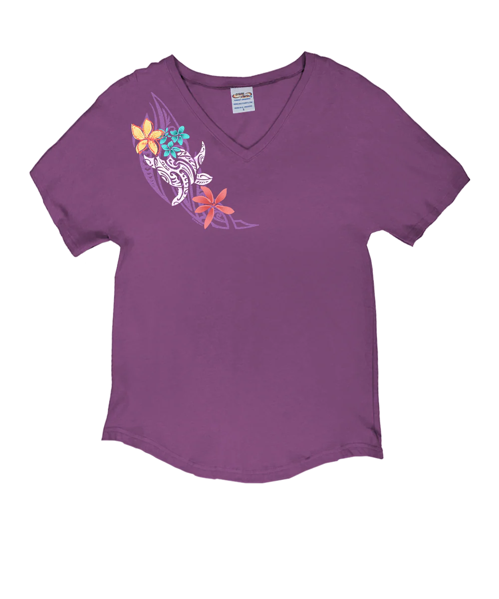 Tribal Honu Puas - Violet Short Sleeve Dolman V-Neck Tee