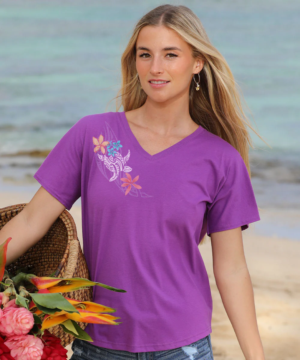 Tribal Honu Puas - Violet Short Sleeve Dolman V-Neck Tee - Image 2