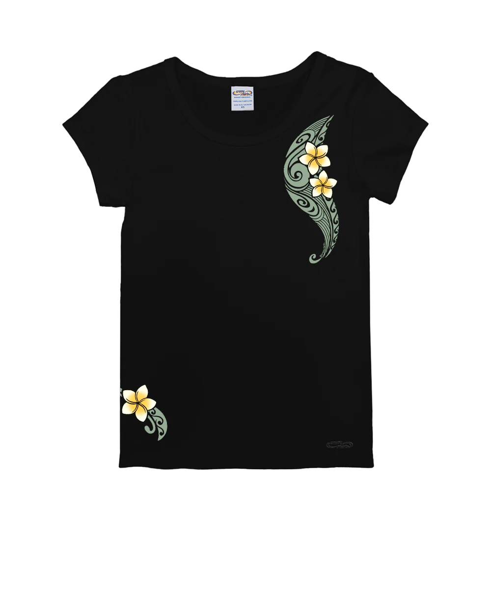 Tribal Plumeria - Black Short Sleeve Rib Knit T-Shirt