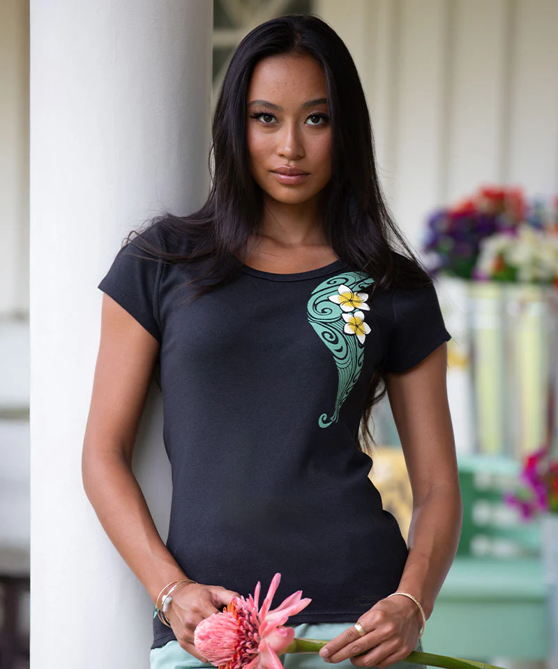 Tribal Plumeria - Black Short Sleeve Rib Knit T-Shirt - Image 2