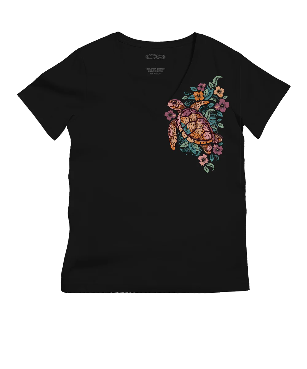 Tropical Floral Turtle - Jet Black Short Sleeve Pima V-Neck T-Shirt