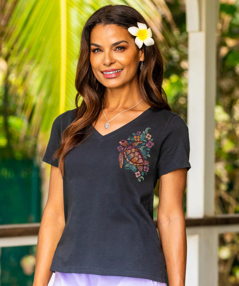 Tropical Floral Turtle - Jet Black Short Sleeve Pima V-Neck T-Shirt - Image 2