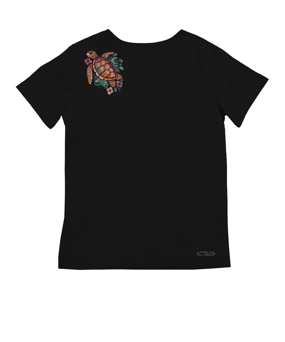 Tropical Floral Turtle - Jet Black Short Sleeve Pima V-Neck T-Shirt - Image 4